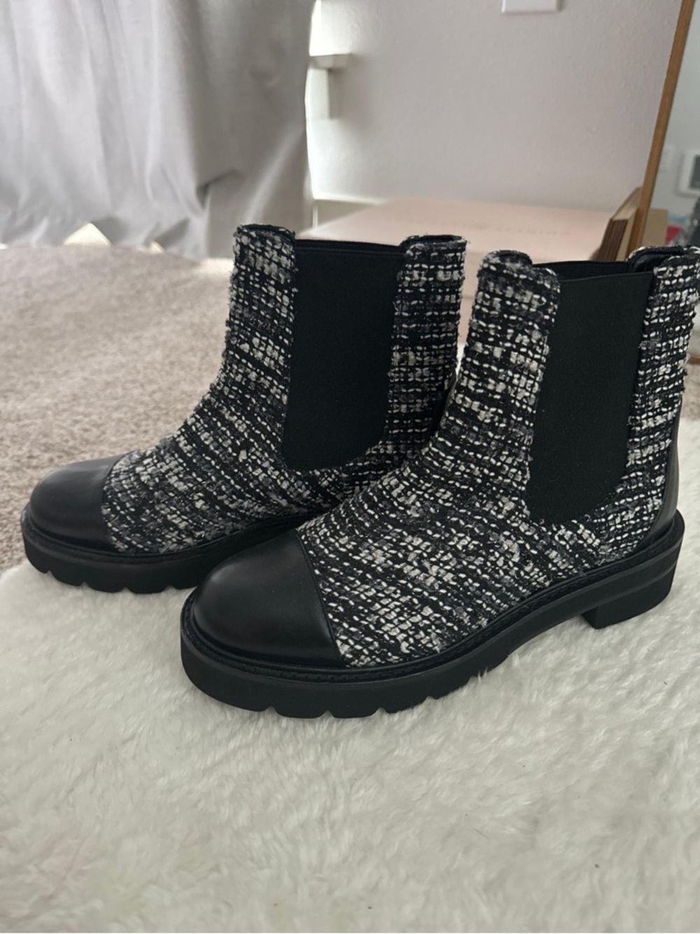 Stuart Weitzman Black and White Tweed Chelsea Ankle Boots